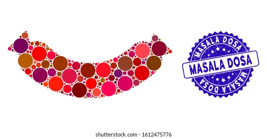 Mosaic sausage icon and rubber stamp seal with Masala Dosa text. Mosaic vector is created from sausage icon and with randomized round spots. Masala Dosa stamp seal uses blue color, and rubber surface.