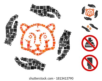 Mosaic Save tigers icon designed from square items in variable sizes and color hues. Vector square items are organized into abstract mosaic save tigers icon. Bonus pictograms are placed.
