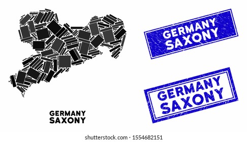 Mosaic Saxony Land map and rectangle watermarks. Flat vector Saxony Land map mosaic of random rotated rectangle items. Blue caption rubber seals with dirty surface.