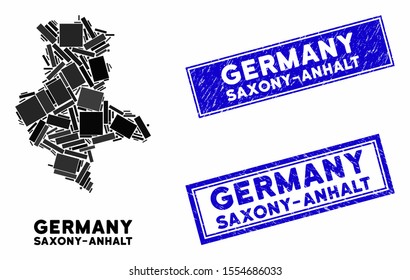 Mosaic Saxony-Anhalt Land map and rectangular stamps. Flat vector Saxony-Anhalt Land map mosaic of randomized rotated rectangular items. Blue caption rubber stamps with grunge texture.