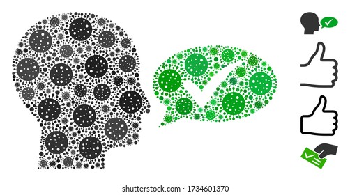 Mosaic say yes designed from flu virus icons in variable sizes and color hues. Vector infection icons are arranged into abstract mosaic say yes icon. Some bonus icons are added.