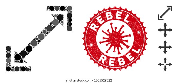 Mosaic scalability icon and red rounded grunge stamp seal with Rebel text and coronavirus symbol. Mosaic vector is composed with scalability pictogram and with scattered spheric items.