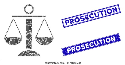 Mosaic scales balance icon and rectangular Prosecution seal stamps. Flat vector scales balance mosaic icon of scattered rotated rectangular elements.