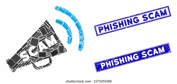 Mosaic scam alert megaphone pictogram and rectangular Phishing Scam seals. Flat vector scam alert megaphone mosaic pictogram of randomized rotated rectangular elements.