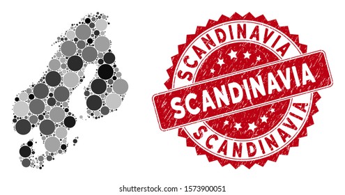 Mosaic Scandinavia map and circle rubber print. Flat vector Scandinavia map mosaic of randomized round elements. Red rubber stamp with rubber style. Designed for political and patriotic propaganda.