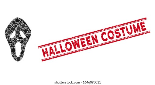Mosaic scary mask pictogram and red Halloween Costume seal stamp between double parallel lines. Flat vector scary mask mosaic pictogram of scattered rotated rectangle items.