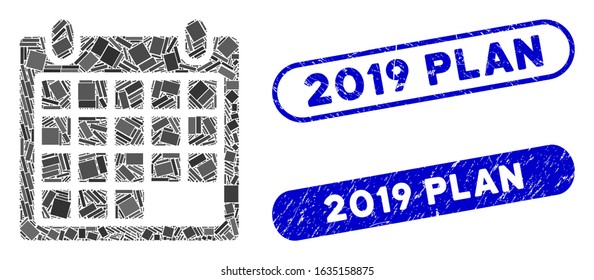 Mosaic schedule calendar grid and corroded stamp seals with 2019 Plan phrase. Mosaic vector schedule calendar grid is composed with scattered rectangle items. 2019 Plan seals use blue color,