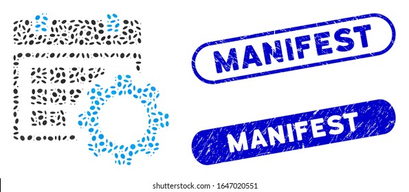 Mosaic schedule options and rubber stamp seals with Manifest phrase. Mosaic vector schedule options is designed with scattered elliptic elements. Manifest stamp seals use blue color,