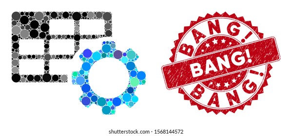 Mosaic schedule settings and rubber stamp seal with Bang! caption. Mosaic vector is formed with schedule settings icon and with random circle elements. Bang! stamp seal uses red color,