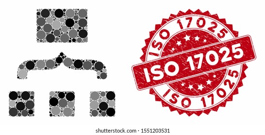 Mosaic scheme and corroded stamp seal with ISO 17025 text. Mosaic vector is formed from scheme icon and with scattered circle spots. ISO 17025 stamp seal uses red color, and grunge design. svg