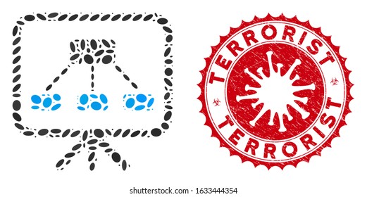 Mosaic scheme demonstration screen icon and red rounded grunge stamp seal with Terrorist caption and coronavirus symbol.