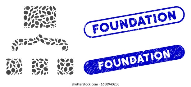 Mosaic scheme and grunge stamp seals with Foundation phrase. Mosaic vector scheme is created with scattered oval spots. Foundation stamp seals use blue color, and have round rectangle shape.