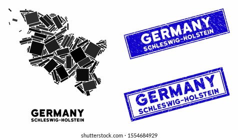 Mosaic Schleswig-Holstein Land map and rectangular stamps. Flat vector Schleswig-Holstein Land map mosaic of randomized rotated rectangular elements. Blue caption rubber stamps with grunge texture.