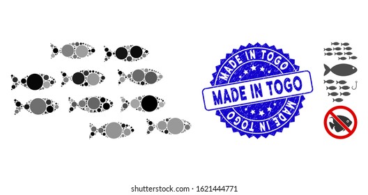 Mosaic school of fish icon and grunge stamp seal with Made in Togo caption. Mosaic vector is designed with school of fish icon and with randomized round spots. Made in Togo seal uses blue color,