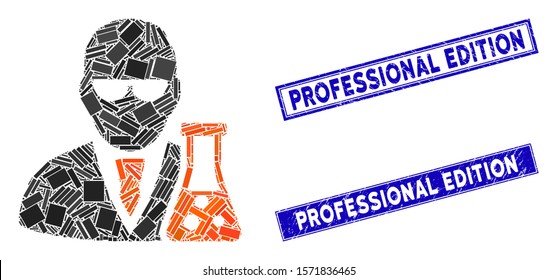 Mosaic scientist with flask pictogram and rectangle Professional Edition seal stamps. Flat vector scientist with flask mosaic pictogram of randomized rotated rectangle elements.