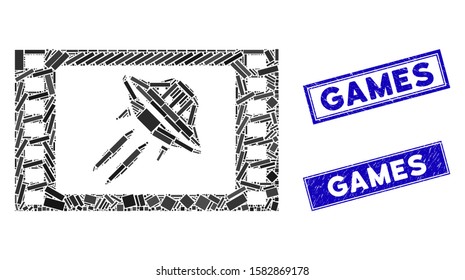 Mosaic sci-fi movie icon and rectangular Games stamps. Flat vector sci-fi movie mosaic icon of random rotated rectangular items. Blue Games stamps with grunge texture.