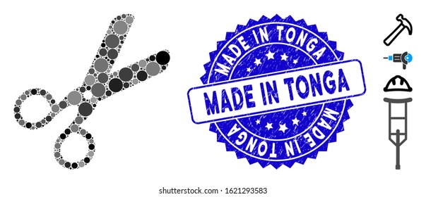 Mosaic scissors icon and corroded stamp seal with Made in Tonga text. Mosaic vector is composed with scissors pictogram and with random round elements. Made in Tonga stamp uses blue color,