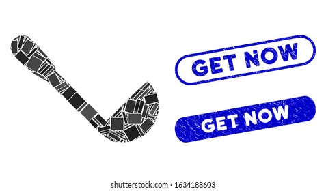 Mosaic scoop and corroded stamp watermarks with Get Now text. Mosaic vector scoop is designed with scattered rectangle items. Get Now stamp seals use blue color, and have round rectangle shape.