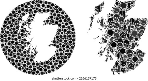 Mosaic Scotland map designed from sars virus items and population and mortal items. Evil virus Scotland map mosaic created with circle and hole. Mosaics are created for treatment proclamations.