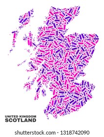 Mosaic Scotland map isolated on a white background. Vector geographic abstraction in pink and violet colors. Mosaic of Scotland map combined of scattered circle dots and lines.