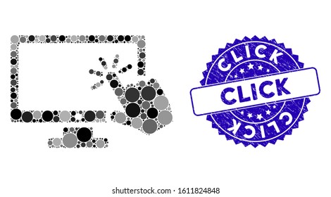 Mosaic screen click icon and corroded stamp seal with Click text. Mosaic vector is composed from screen click icon and with random round items. Click stamp seal uses blue color, and distress texture.
