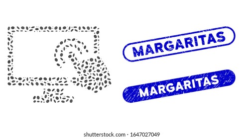 Mosaic screen double tap and grunge stamp watermarks with Margaritas caption. Mosaic vector screen double tap is designed with random elliptic dots. Margaritas stamp seals use blue color,