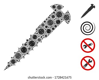 Mosaic screw organized from covid-2019 virus icons in various sizes and color hues. Vector pathogen icons are composed into abstract collage screw icon. Some bonus icons are added.