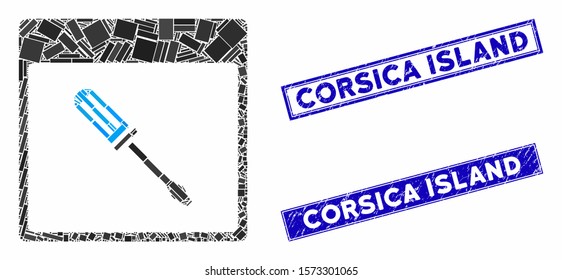 Mosaic screwdriver calendar page pictogram and rectangle Corsica Island seal stamps. Flat vector screwdriver calendar page mosaic pictogram of random rotated rectangle elements.