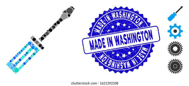 Mosaic screwdriver icon and corroded stamp seal with Made in Washington phrase. Mosaic vector is created with screwdriver pictogram and with scattered spheric items.