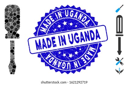Mosaic screwdriver icon and distressed stamp seal with Made in Uganda phrase. Mosaic vector is designed with screwdriver icon and with randomized circle spots. Made in Uganda stamp uses blue color,