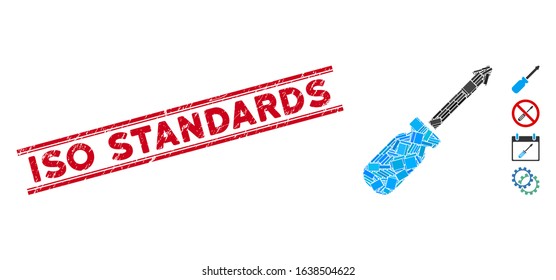 Mosaic screwdriver icon and red ISO Standards seal between double parallel lines. Flat vector screwdriver mosaic icon of scattered rotated rectangular items.