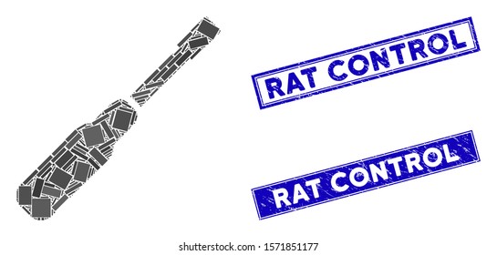 Mosaic screwdriver pictogram and rectangular Rat Control seal stamps. Flat vector screwdriver mosaic icon of scattered rotated rectangle items. Blue Rat Control seal stamps with scratched texture.