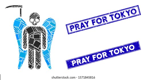 Mosaic scythe death angel pictogram and rectangle Pray for Tokyo stamps. Flat vector scythe death angel mosaic icon of random rotated rectangle items. Blue Pray for Tokyo stamps with rubber surface.