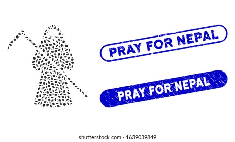 Mosaic scytheman and distressed stamp seals with Pray for Nepal phrase. Mosaic vector scytheman is created with randomized ellipse parts. Pray for Nepal stamp seals use blue color,