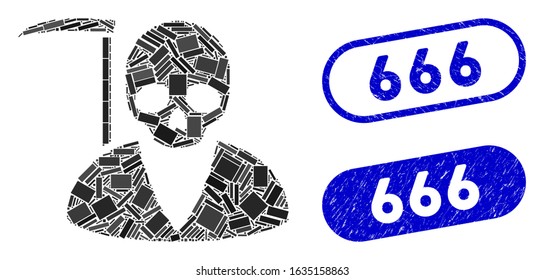 Mosaic scytheman and grunge stamp seals with 666 caption. Mosaic vector scytheman is created with random rectangle items. 666 stamp seals use blue color, and have round rectangle shape.