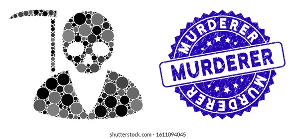 Mosaic scytheman icon and distressed stamp seal with Murderer phrase. Mosaic vector is designed with scytheman icon and with scattered round elements. Murderer stamp uses blue color,