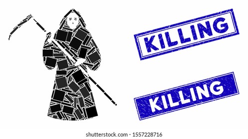 Mosaic scytheman icon and rectangle rubber prints. Flat vector scytheman mosaic icon of scattered rotated rectangle elements. Blue caption rubber stamps with grunge surface.