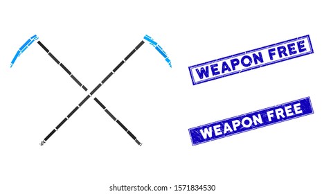 Mosaic scythes icon and rectangle Weapon Free seals. Flat vector scythes mosaic icon of randomized rotated rectangle items. Blue Weapon Free rubber seals with grunge textures.