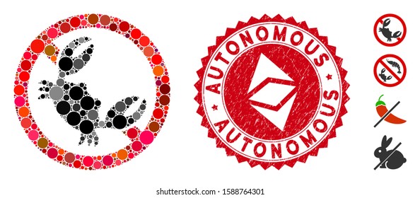 Mosaic seafood free and circle seal stamp. Flat vector seafood free mosaic of scattered circle elements. Red watermark with grunged surface. Designed for political and patriotic projects.