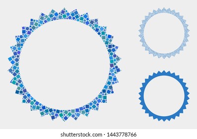 Mosaic Seal frame icon organized from round and square items in random sizes, positions and proportions. Vector round and square parts are arranged into abstract mosaic seal frame icons.