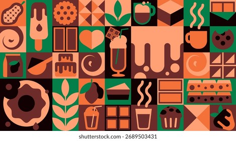 Mosaico de fondo sin fisuras con chocolate simple e iconos de dulces en estilo geométrico brutalista y moderno de mediados de siglo