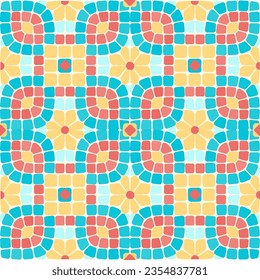 Mosaic seamless floral ornament in turquoise, coral and yellow colors. For ceramics, tiles, fabric, backgrounds and other projects.