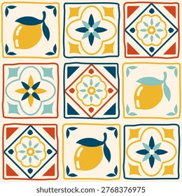 Mosaic seamless Mediterranean tile pattern with hand-drawn stylized geometric motifs. Traditional ceramic design inspired by Italian, Spanish, and Portuguese vintage tiles.