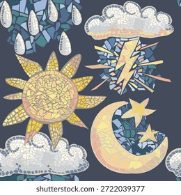 Patrón de mosaico sin fisuras con rienda de nube y relámpago. Dibujado a mano y colocado piezas de azulejos. Colores pastel, frescos y originales. Vector