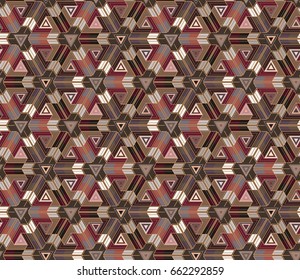 Mosaic seamless pattern consisting of geometric shapes arranged on a dark brown background. Useful as design element for texture and artistic compositions.