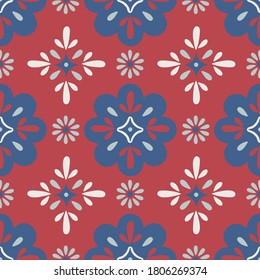 Mosaik nahtloses Muster mit geometrischen Formen und Blumen auf rotem Hintergrund. Perfekt für Geschenkpapier, Tapete. Mittelmeerverzierungen. Vektorgrafik