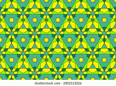 Mosaic seamless pattern with geometric star ornament in Islamic style.Girih yellow-green background.Vector illustration.For interior decor,fabric,textile,wallpaper,wrapping paper and other designs.