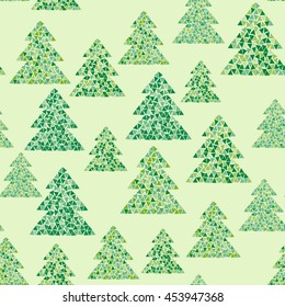 Mosaic seamless pattern of green conifer trees. Geometric forest background. Cold northern wood in Scandinavian style. Vector illustration design.