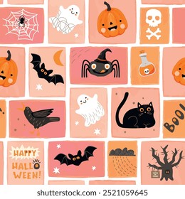 Patrón sin fisuras de mosaico con personajes y Elementos de Halloween. Gato negro, murciélago, Web, araña, calabaza, árbol de miedo, fantasma, cráneo, poción, cuervo, escrito a mano. Fondo de Formas de la naranja. Ilustración de color plano de Vector