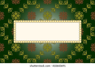 Mosaic seamless pattern on dark green background. frame for text. Vector Image. Olive and brown colors. Graphic arts, design, game industry.